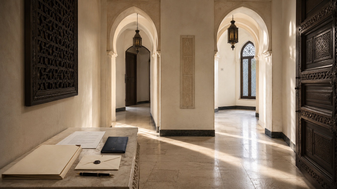 فضاء معماري وملف إجرائي يعكسان إجراءات طلاق في تونس تتم متابعتها من الخارج